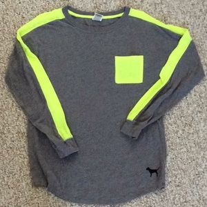PINK long sleeve tee, grey with neon yellow. Small